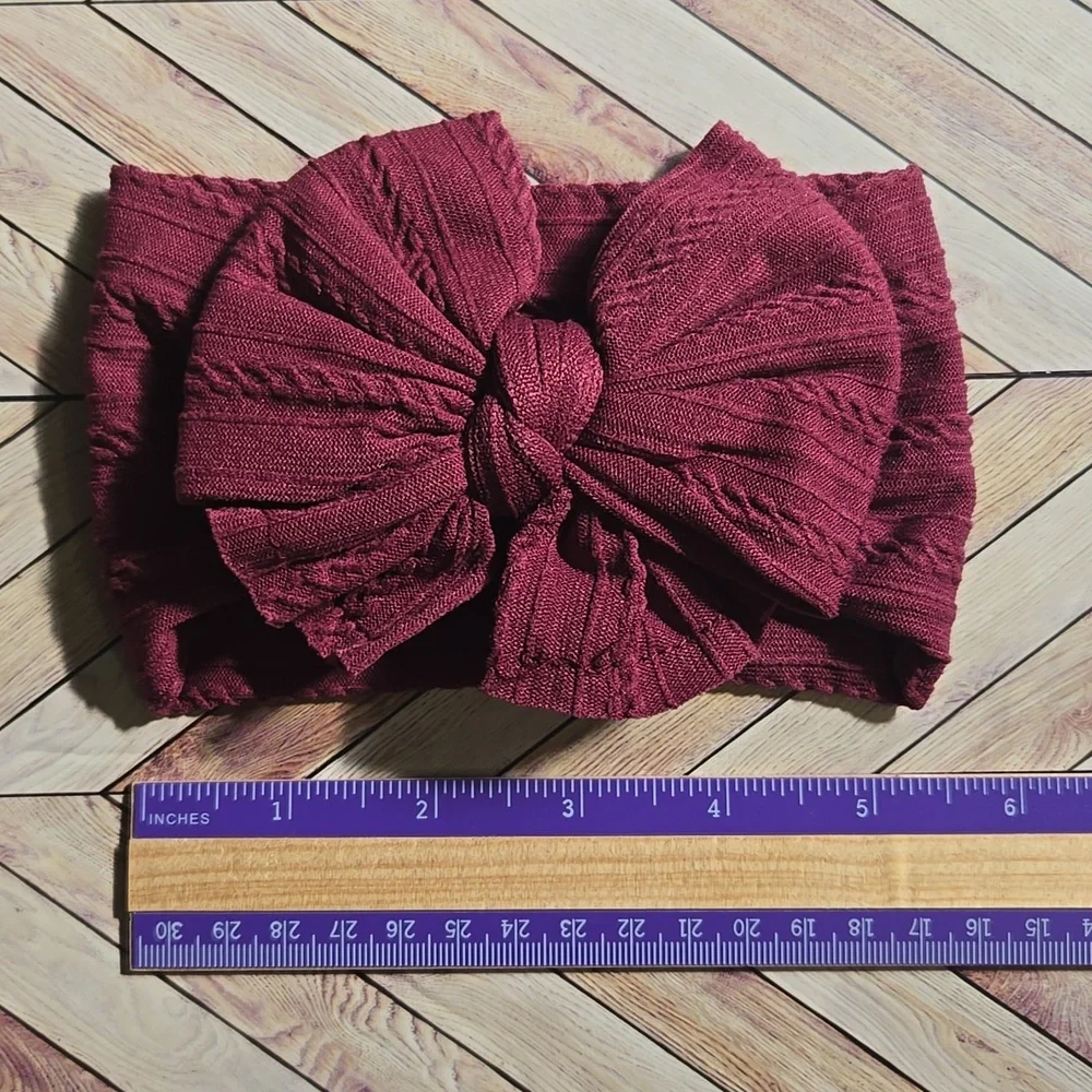 ​Burgundy Cable Knit Baby Girl Headband Large Bow Turbans Soft Stretch Headwrap